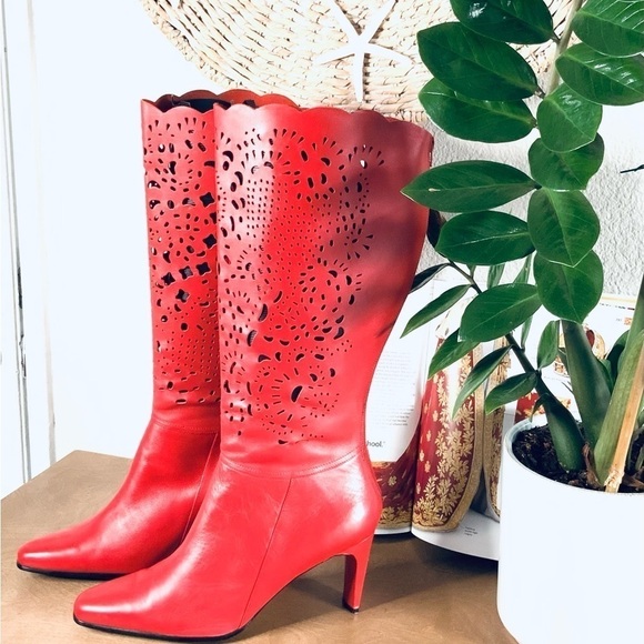 Bellini Celine Red  Leather Women Laser Cut Knee High 3.5"Heel Boots - Picture 1 of 7